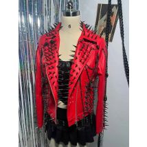 Rote Punk PU-Lederjacke im Y2K Goth-Stil für Damen, Rocker-Jacke mit Spikes und Nieten, Gothic-Oberbekleidung für Alternative Mode