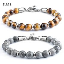 Stainless Steel Bracelet for Men 8mm Map Stone Tiger Eye Bracelet Handmade Natural Stone Beaded Bracelet Adjustable Jewelry Gift