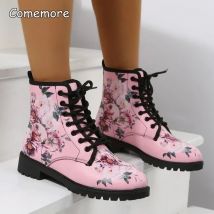 Comemore Frühling 2025, Stiefel, Lederkappe, Schnürung, mittlere Röhre, flache rosa Lederstiefel, modische Damen-Stiefel mit niedrigem Absatz, Schuhe in Übergröße 46