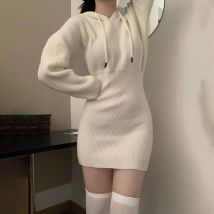 Sexy White Thicken Knit Mini Dress Woman Korean Elastic High Waist Bandage Dresses Women Hooded Outwear Long Sleeve Slim Dress