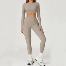 VITALINOVO 2-teiliges Workout-Set für Damen, Rundhalsausschnitt, langärmelig, bauchfreies Oberteil, hohe Taille, Scrunch-Po-Lifting-Leggings, Trainingsanzug für Damen