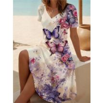 Sexy V-ausschnitt Modische 3D Gedruckt Mittlere Länge Kleid Sommer Neue Casual Kurzarm Lose frauen A-line Kleid