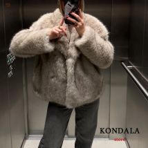 KONDALA Vintage Kunstpelz Übergroße Mäntel Frauen Mode 2024 Frühling Winter Dicke Warme Jacken Casual Taschen Elegante Outwears