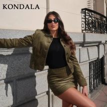 KONDALA 2026 Frühling Sommer Cord Vintage Damenanzug Mode Streetwear Umlegekragen Einreihige Jacke Gerader Rock