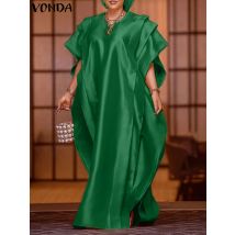 Plus Size 5XL VONDA Autumn Maxi Dress Women Elegant Short Sleeve Ruffled Satin Party Sundress 2025 Casual Loose Solid Color Robe