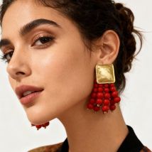 Vintage Handmade Wooden Drop Dangle Earrings Maxi Beaded Bohemian Statement Wedding Jewelry For Women brincos