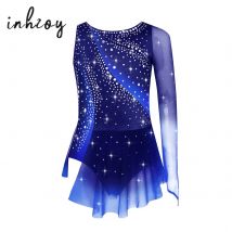 Kids Girls Figure Skating Rhythmic Gymnastics Leotard Asymmetrical Split Shiny Rhinestones Contrast Color Dress Ballerina Dress