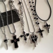 Gothic Trendy Y2K Schwarz Kreuz Liebe Herz Anhänger Seil Kette Halskette Für Frauen Männer Mode Hip Hop Rave Geschenk Schmuck Zubehör