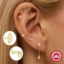 BOAKO Ohrstecker aus 925er-Sterlingsilber, hohle Lotus-Stern-Kette, Quaste, Piercing-Ohrstecker für Damen, leicht, luxuriös, modisch und einfach