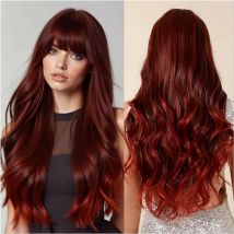 Lange burgunderrote gewellte synthetische Perücken für Frauen, Ombre-rote Perücke mit Pony, tägliche Party, Kunsthaar, natürliche weiche Faser-Perücke, hitzebeständig