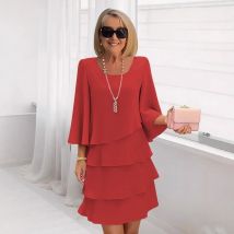 Lässiges Rüschen-Midikleid für Damen, 2025, Sommermode, einfarbig, O-Ausschnitt, elegant