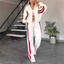 Y2K Zwei Stück Set Frauen Mode Gestreiften Print Revers Zipper Mantel Hohe Taille Hosen Outfit Herbst Winter Langarm Anzug Trainingsanzug