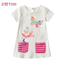 Dxton Sommer Kinder kleider für Mädchen Kurzarm Kinder kleider mit Tasche Schmetterling bedruckte Mädchen lässige Baumwoll kleidung