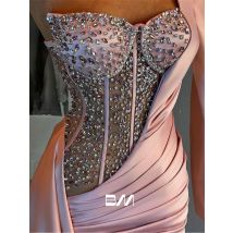 Vestido de noche largo con diamantes, traje de sirena de satén de un hombro con abertura lateral, Sexy, ajustado, Formal, para fiesta