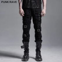PUNK RAVE Herren Punk Slim Fit Dekadente Hose Hübsche zerfetzte Baumwolle Gothic Daily Twill gewebte lässige Bleistifthose Streetwear