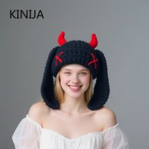 Lange Ohren Warme Helm Abdeckung Kappe Y2K Gestrickte Mützen Kappe für Frauen Winter Vielseitig Lustige Pullover Hut Männer Kalten Hut Punk Gothic