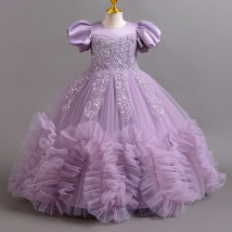 Neues handgefertigtes, mit Perlen verziertes Mesh mit Blasenärmeln für Mädchen, Weihnachten, Hochzeit, Blumenmädchen-Abendkleid für 3–12 Jahre