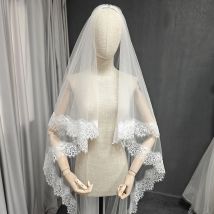 Maßgeschneiderter Chantilly-Wimpern-Hochzeitsschleier mit Spitzenbesatz und Rouge, Vintage 2-stufiger Brautschleier, Elfenbein 2,5 m/3 m langer Schleier mit Kamm