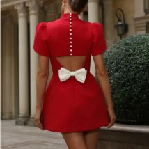2025, elegantes weißes, rückenfreies Bogen-Damenkleid, modisch, Stehkragen, kurze Ärmel, A-Linien-Kleider, schicke Dame, Party, Club, Abendkleider