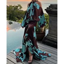 Evening Dresses  Vacation Style Elegant Socialite Printed Off Shoulder Slit Dress