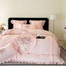 4-teiliges Bettwäsche-Set mit Rosenblüten-Stickerei, Doppelbett, King-Size-Bett, Rosa, für Mädchen, Schlafzimmer, Bettbezug, flaches/Spannbettlaken, Kissenbezüge