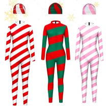 Roter Zuckerstangen-Overall, Anzug, rosa Streifen, Cosplay-Kostüm, Weihnachts-Body, Weihnachts-Party-Outfit, Festival-Body, Paar Zentai