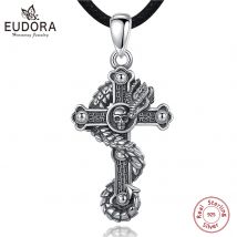 EUDORA 925 Sterling Silver Gothic Skull Cross Wisiorek Naszyjnik Punk Men Skull Dragon Naszyjnik Biżuteria Fine Gothic Biżuteria Prezent