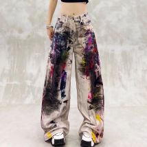 Y2k-Jeans für Damen, cooles bemaltes Graffiti mit hoher Taille und lockerer Passform, zerrissene Jeans für Damen, Damen-Jeanshose, Coquette-Jeanshose
