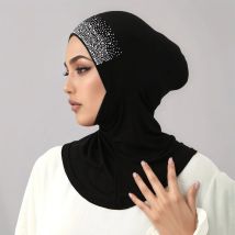 New Full Coverage Undercap Shiny Rhinestone Instant Hijab for Muslim Women Soild Cotton Jersey Bonnet Neck Cover Hijab Inner Cap