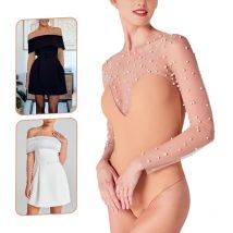 Women Pearl Bodysuit Elegant All-match O-neck Slim Hip Package Pearls Jumpsuit Party Club Stage Leotard Spring Autumn