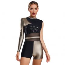 Womens Jazz Latin Dance Leotard Boyshort Asymmetrical Glittery Sequins Metallic Shiny Bodysuit Chacha Ballet Ballroom Dancewear