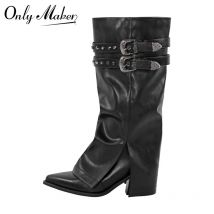 Onlymaker donna stivali a punta a metà polpaccio nero opaco cucito ricamato tacchi spessi cerniera inverno stivali da Cowboy di grandi dimensioni