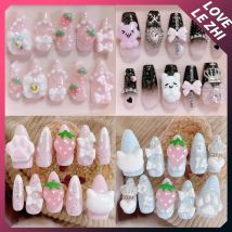 10Pcs Kawaii Cartoon Rilakkuma Handmade Press On Nails Bowknot Strawberry Cat Paws Pearl Diamond Nails Party Sticker Gift
