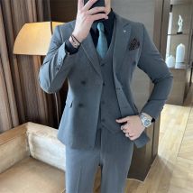 KIDWHXR Mann Anzug Set Zweireiher Langarm Blazer Männlich V-ausschnitt Weste Gerade bein Hose Männer Einfarbig Drei-stück Outfit