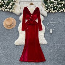 Vintage V-Ausschnitt Grundlagen Langarm schick bestickte Perle Split Meerjungfrau Kleider Französisch Abend Frauen High Street Herbst Kleidung