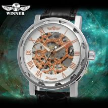 T-Winner Klassische, modische, königliche Skelett-Design-Uhren, mechanisches Handaufzugswerk, PU-Lederarmband-Armbanduhr für Herren und Damen