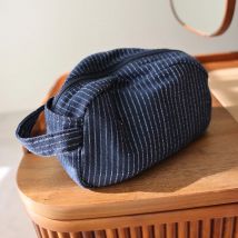 Klassisch gestreifte tragbare Kosmetiktasche mit großem Fassungsvermögen, Baumwoll-Leinen-Stoff, dunkler Reißverschluss, tragbare Aufbewahrungstasche für Hautpflege und Reisen