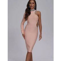Sexy Rollkragen Diamant Aushöhlen Verband Kleid Frauen Eine Schulter Langarm Midi Bodycon Kleider Party Abend Cocktail Kleid