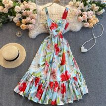 Sommer Urlaub am Meer Kleid Temperament Quadrat Kragen Druck Schlank Mid-länge Rüschen Große Schaukel Hosenträger Kleider UK865
