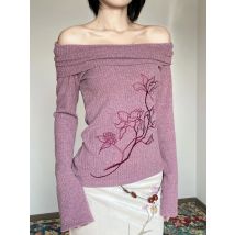 Deeptown Purple Floral Embroidered Women Sweaters Off Shoulder Flare Sleeve Japanese Style Knit Pullovers Slim Aesthetics Winter