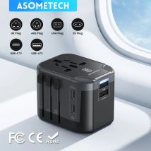 ASOMETECH Internationaler Reiseadapter, USB-Ladegerät, 2 USB- und 2 Typ-C-Anschlüsse, All-in-One-Wandladegerät für US, EU, Großbritannien, AUS-Reisen