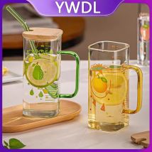 YWDL 350ml Glas-Trinkbecher mit Skala, transparenter Becher mit Deckel und Strohhalm, Eiskaffee-Becher mit Henkel, Trinkbecher für Saft, Milchtee