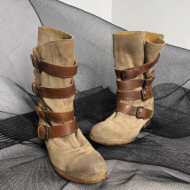 Women's Round toe vintage brown suede belt buckled flat boots 2026 genuine leather mid calf cowboy boot luxury designer shoes