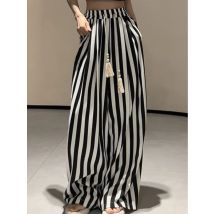Koreanische Beiläufige Gestreiften Breite Bein Hosen Frauen Hohe Taille Elegante Gerade Hosen Vintage Spitze Up Weiblichen Frühling Lose Hosen