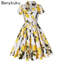 Hepburn Style Lemon Printed Vintage Dresses 1950s 60s Office 2025 Turn Down Collar Short Sleeve Tunic A-Line Belted Cotton Dress