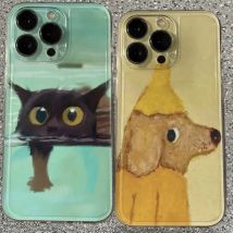 Pittura a olio Giallo Cane Gatto Nero Cassa Del Telefono Per iPhone 17 16 15 11 12 14 13 Pro Max Mini X XS XR 7 8 Plus SE4 16e Coperture di Silice