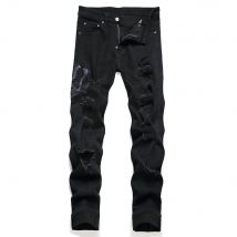 Jeans da uomo con ricamo serpente Streetwear Pantaloni in denim elasticizzato nero Pantaloni dritti slim effetto consumato strappati con fori