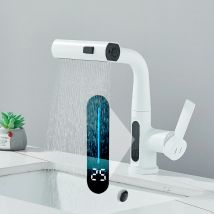 Rubinetto per lavabo da bagno bianco con display digitale della temperatura Gru sollevabile estraibile con beccuccio a cascata Miscelatore per lavabo caldo freddo