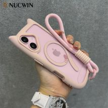 Etui 3D z kocimi uszkami, urocza smycz, magnetyczne, przezroczyste na iPhone 17 16 15 14 13 12 Pro Max Mini, z paskiem na nadgarstek, przezroczyste, kompatybilne z MagSafe.