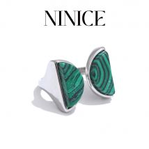 NiNice Arrivals Grüner natürlicher Malachit-Stein-Ring für Damen, 316L-Edelstahl, hochwertiger geometrischer Fingerschmuck